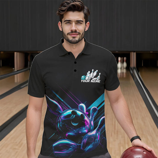 Custom Black, Blue And Purple Holographic Bowling Polo Shirts For Men, Bowling Team Uniform IPHW8905