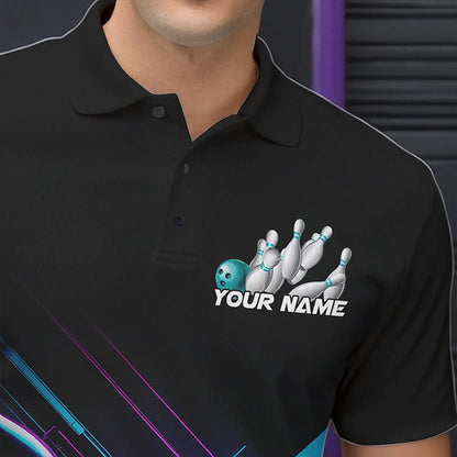Custom Black, Blue And Purple Holographic Bowling Polo Shirts For Men, Bowling Team Uniform IPHW8905