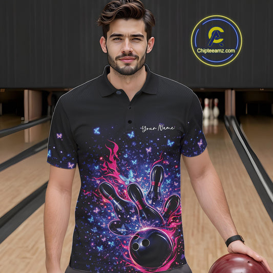 Male model wearing a colorful bowling polo shirt at the lane with flames, bowling pins, and butterfly graphics.
