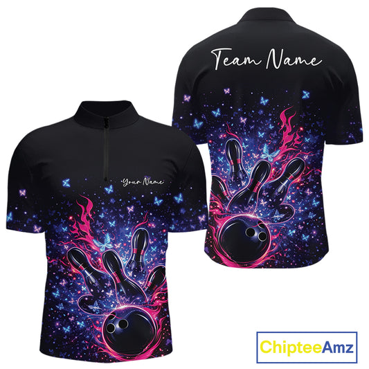 Front and back views of a colorful mens bowling quarter-zip shirt showcasing flames, bowling pins, and sparkling butterflies.