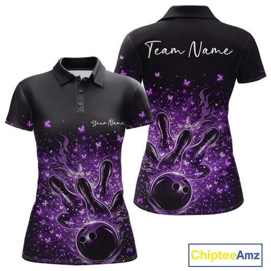 Front and back views of a black and purple womens bowling polo shirt showcasing flaming strike artwork and sparkling butterflies.