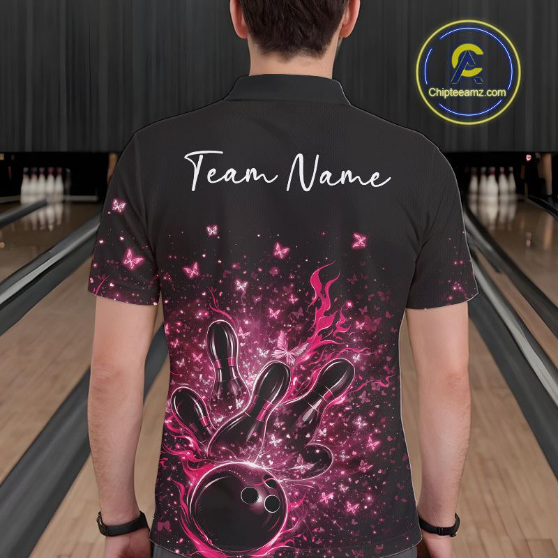Back view of a male model in a black and pink bowling polo shirt showcasing sparkly butterfly strike graphics.
