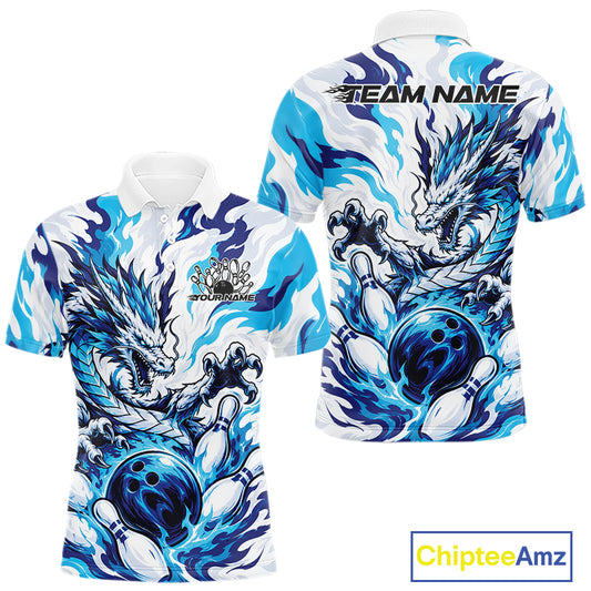 White bowling polo with blue, gray, and black flame-like swirls, a dragon graphic, bowling pins, a bowling ball, and custom name text

