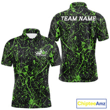 Load image into Gallery viewer, Custom black and avicado green paint splatter polo shirt mockup shown from front and back, featuring personalized “Your Name” text on the chest, large “TEAM NAME” lettering across the back
