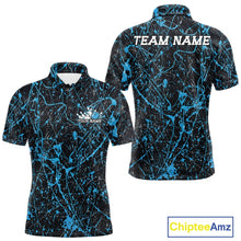 Load image into Gallery viewer, Custom black and electric blue splatter polo shirt mockup shown from front and back, featuring personalized “Your Name” text on the chest, large “TEAM NAME” lettering across the back