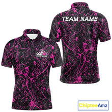 Load image into Gallery viewer, Custom black and pink paint splatter polo shirt mockup shown from front and back, featuring personalized “Your Name” text on the chest, large “TEAM NAME” lettering across the back
