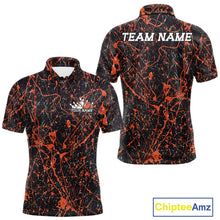 Load image into Gallery viewer, Custom black and orange paint splatter polo shirt mockup shown from front and back, featuring personalized “Your Name” text on the chest, large “TEAM NAME” lettering across the back
