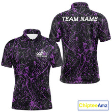 Load image into Gallery viewer, Custom black and purple  splatter polo shirt mockup shown from front and back, featuring personalized “Your Name” text on the chest, large “TEAM NAME” lettering across the back
