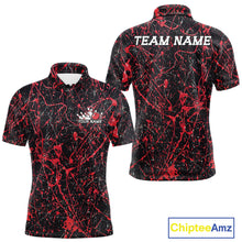 Load image into Gallery viewer, Custom black and red splatter polo shirt mockup shown from front and back, featuring personalized “Your Name” text on the chest, large “TEAM NAME” lettering across the back