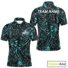 Load image into Gallery viewer, Custom black and teal paint splatter polo shirt mockup shown from front and back, featuring personalized “Your Name” text on the chest, large “TEAM NAME” lettering across the back