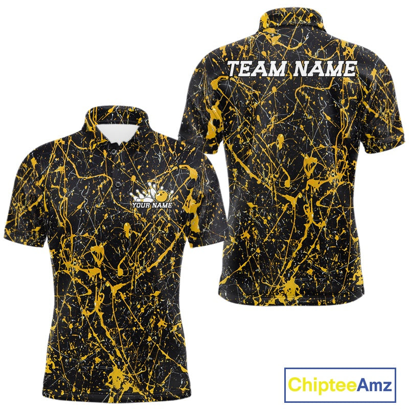 Custom black and yellow paint splatter polo shirt mockup shown from front and back, featuring personalized â€œYour Nameâ€ text on the chest, large â€œTEAM NAMEâ€ lettering across the back