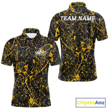 Load image into Gallery viewer, Custom black and yellow paint splatter polo shirt mockup shown from front and back, featuring personalized “Your Name” text on the chest, large “TEAM NAME” lettering across the back