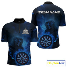 Load image into Gallery viewer, Custom Blue Flame Grim Reaper Skull Dart Men Quarter-Zip Shirts, Halloween Dart Team Outfits IPHW10023