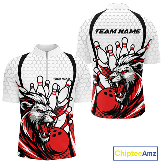 Custom Red Lion Bowling Men Quarter-Zip Shirt, Lion Bowling Team League Shirt IPHW10124