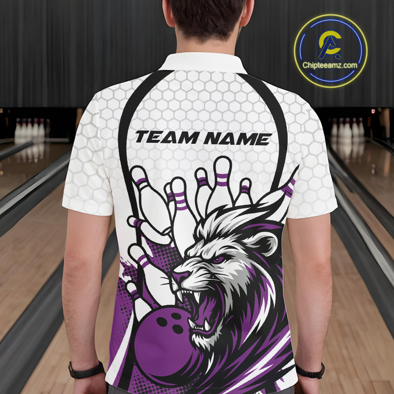 Custom Purple Lion Bowling Men Polo Shirt, Lion Bowling Team League Shirt IPHW10128