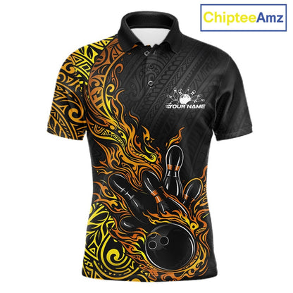 Custom Black And Gold Tribal Flame Bowling Ball Bowling Team Shirts, Polynesian Bowling Tournament Shirt IPHW10503