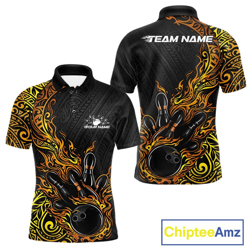 Custom Black And Gold Tribal Flame Bowling Ball Bowling Team Shirts, Polynesian Bowling Tournament Shirt IPHW10503
