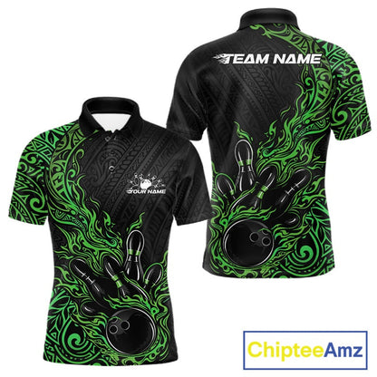 Custom Black And Green Tribal Flame Bowling Ball Bowling Team Shirts, Polynesian Bowling Tournament Shirt IPHW10504
