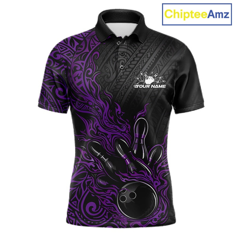 Custom Black And Purple Tribal Flame Bowling Ball Bowling Team Shirts, Polynesian Bowling Tournament Shirt IPHW10505