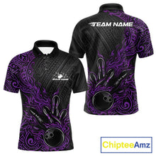 Load image into Gallery viewer, Custom Black And Purple Tribal Flame Bowling Ball Bowling Team Shirts, Polynesian Bowling Tournament Shirt IPHW10505