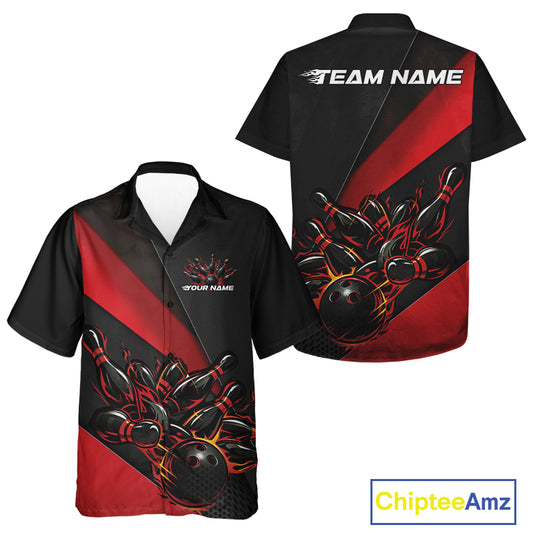 Front and back view of a black and red button-up bowling shirt mockup featuring flame bowling ball and pins energetic sports graphics.