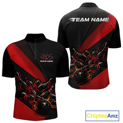 Front and back view mockup of a black and red men’s quarter zip shirt featuring a flame bowling ball hitting pins in a high-energy bowling strike illustration.