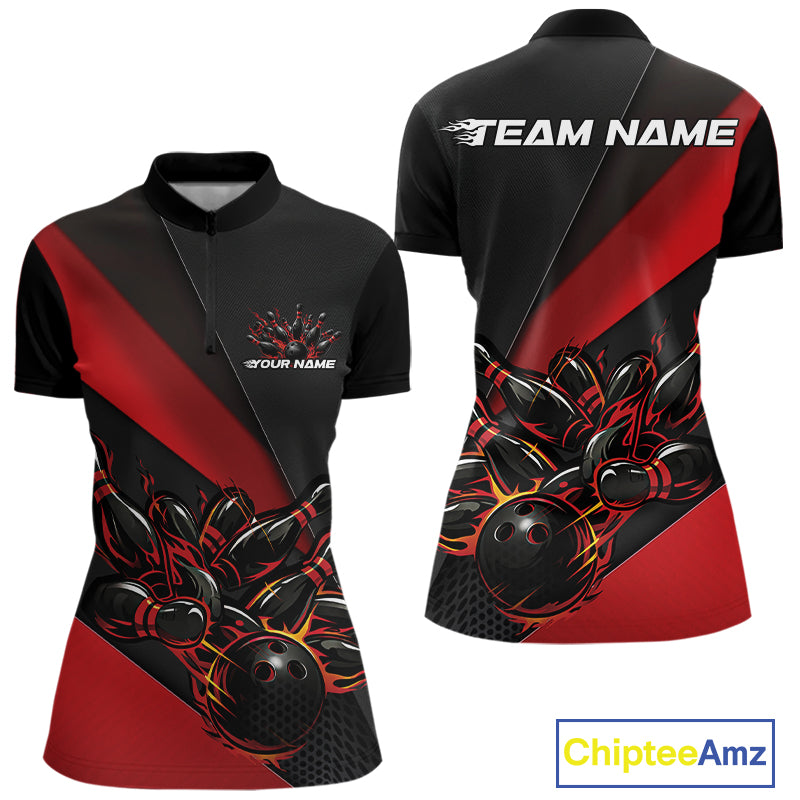 Womens quarter zip bowling shirt mockup, black and red version with fiery bowling ball knocking down pins bold graphics