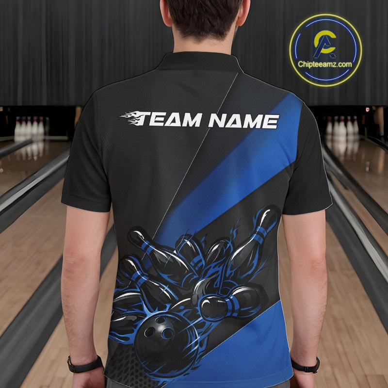 Male model seen from the back in a bowling lane wearing a black and blue polo shirt featuring a flame bowling ball striking pins in a dynamic motion scene.