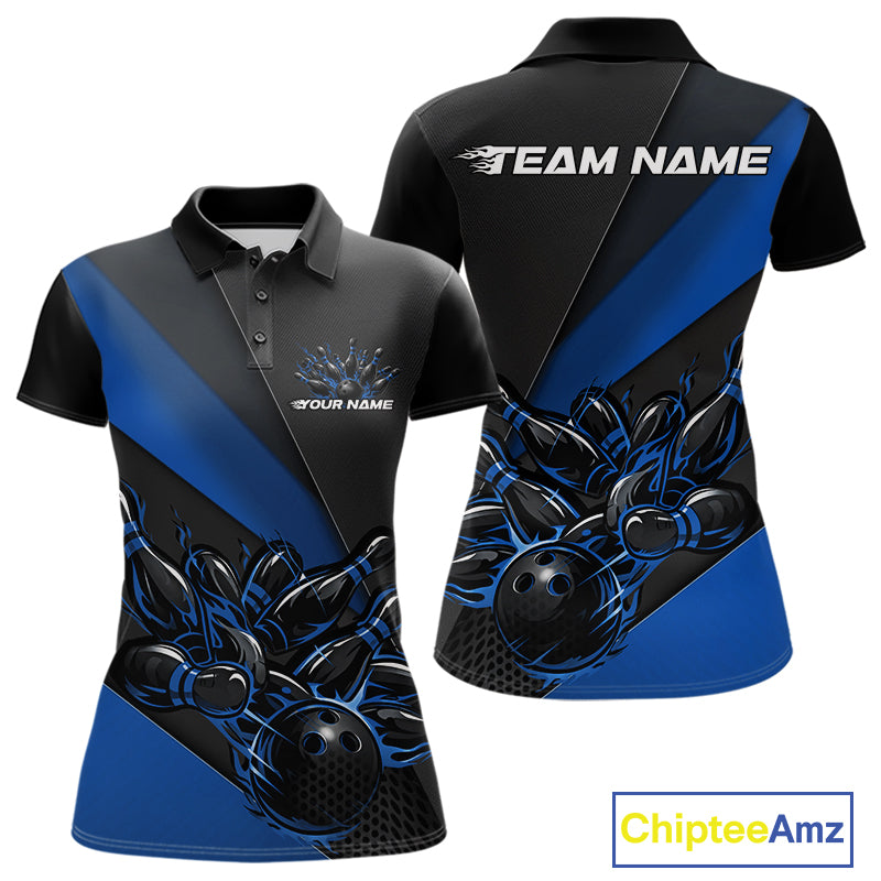 Front and back mockup of women’s black and blue polo shirt featuring flame bowling ball striking pins in clean modern sports apparel presentation.