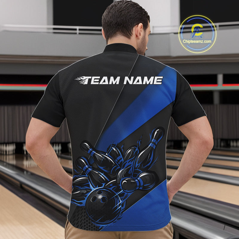 Bowling lane scene with a male model wearing a black and blue quarter zip shirt, highlighted by a fiery bowling ball striking pins in a bold athletic design.