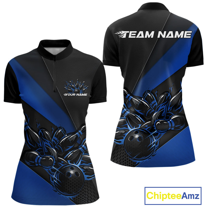 Womens quarter zip bowling shirt mockup, black and blue colorway showcasing flaming bowling ball hitting pins energetic design