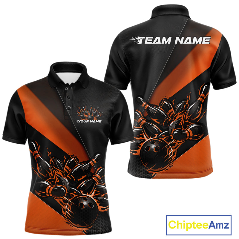 Front and back view mockup of a men’s black and orange polo shirt featuring a flame bowling ball striking pins in a vibrant sports apparel presentation.