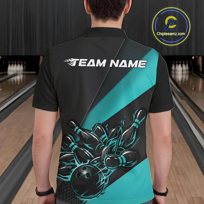 Male model seen from the back in a bowling lane wearing a black and turquoise blue polo shirt featuring a flame bowling ball striking pins in an energetic motion design.