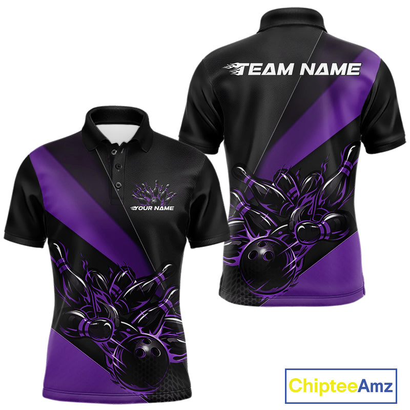 Front and back view mockup of a men’s black and purple polo shirt featuring a flame bowling ball striking pins in a bold sports apparel design.