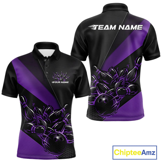 Front and back view mockup of a men’s black and purple polo shirt featuring a flame bowling ball striking pins in a bold sports apparel design.