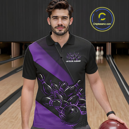 Male model seen from the front in a bowling lane wearing a black and purple polo shirt featuring a flame bowling ball striking pins in a dynamic sports action scene.