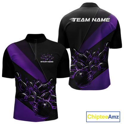 Mens quarter zip bowling shirt mockup, black and purple version featuring flaming bowling ball hitting pins dynamic illustration