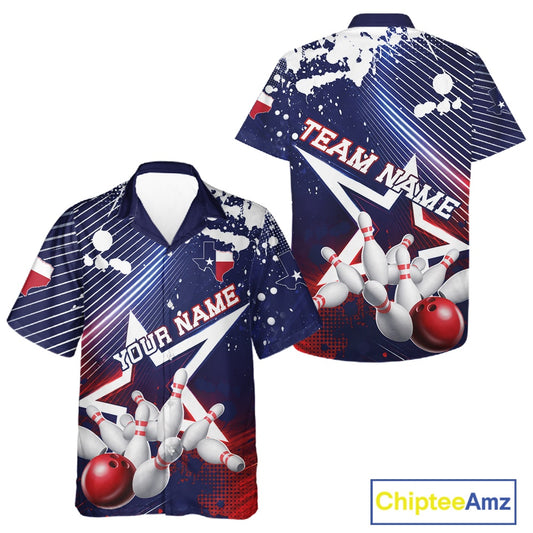 Custom bowling-themed short-sleeve button-up shirts shown from both front and back views. The design features a navy blue background with white diagonal stripes, red and white bowling pins, red bowling balls, and customizable text placeholders 'YOUR NAME' and 'TEAM NAME'.