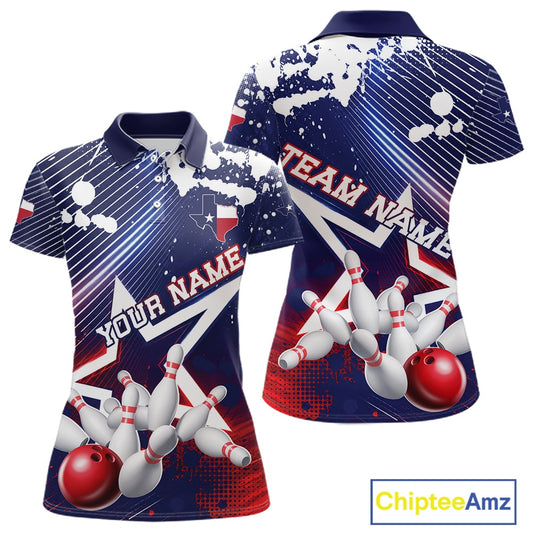 Front and back views of a custom short-sleeve polo shirt with a bowling theme, featuring bowling pins, balls, and the text 'YOUR NAME' and 'TEAM NAME' on a blue, white, and red background. A 'ChipteeAmz' logo is visible in the bottom right corner.