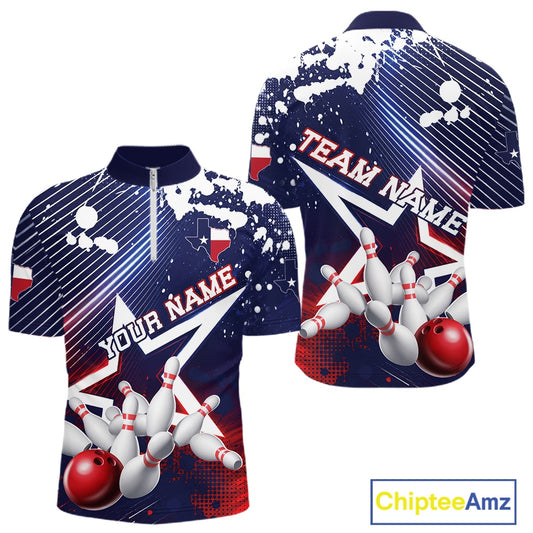 Custom bowling-themed short-sleeve quarter-zip shirt shown from both front and back views. The design features a navy blue background with white paint splatters, diagonal stripes, bowling pins, bowling balls, and customizable text placeholders 'YOUR NAME' and 'TEAM NAME'.