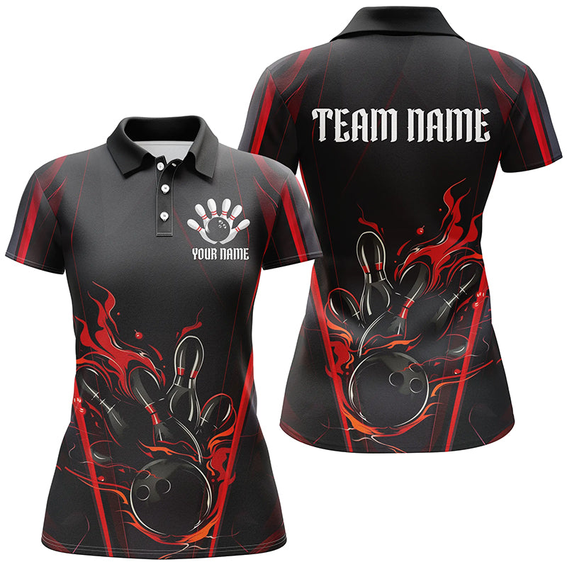 Black And Red Flame Custom Bowling Shirts For Women, Bowling League Shirt Team Jerseys IPHW7174