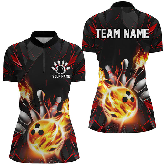 Red And Black Custom Flame Bowling Shirts For Women, Custom Bowling Team Shirts Outfits IPHW7177