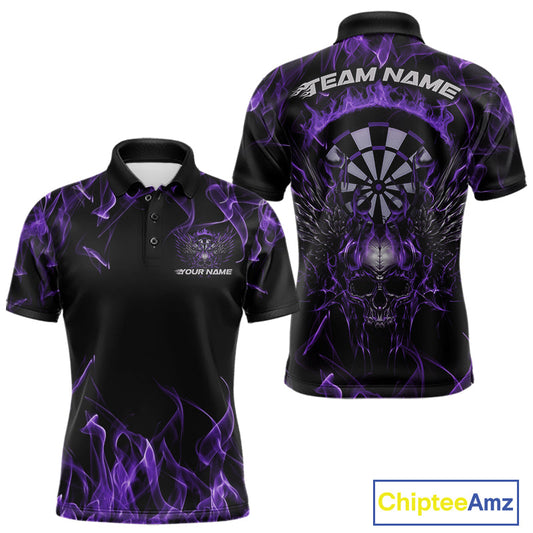 Custom Purple Flame Skull With Wings Dart Polo Shirt For Men, Halloween Dart Outfit IPHW10043