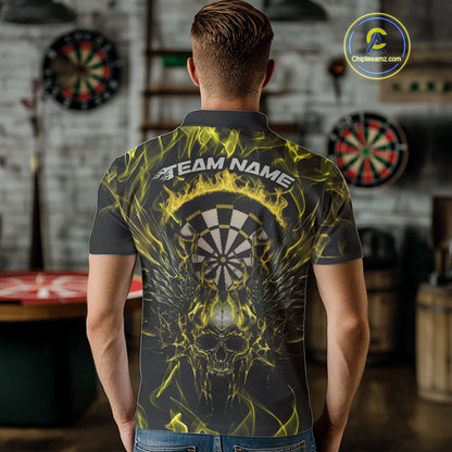 Custom Yellow Flame Skull With Wings Dart Polo Shirt For Men, Halloween Dart Outfit IPHW10045