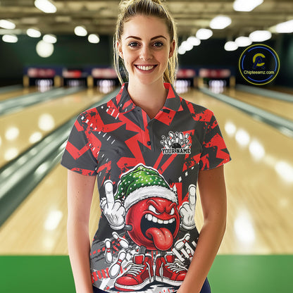 Custom Funny Christmas Bowling Women Polo Shirts, Crazy Bowling Ball Xmas Outfit IPHW10130