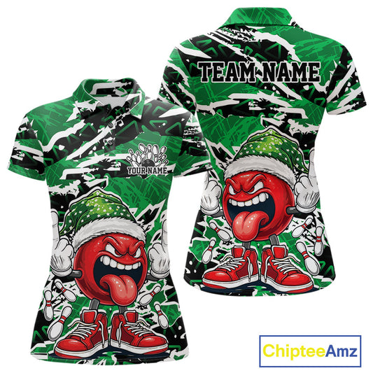 Custom Funny Christmas Bowling Women Polo Shirts, Crazy Bowling Ball Xmas Outfit IPHW10132