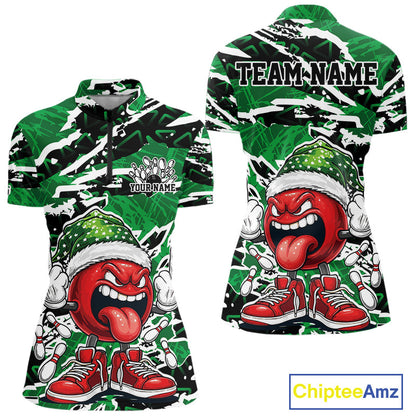 Custom Funny Christmas Bowling Women Quarter-Zip Shirts, Crazy Bowling Ball Xmas Outfit IPHW10132