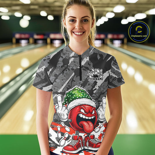 Custom Funny Christmas Bowling Women Quarter-Zip Shirts, Crazy Bowling Ball Xmas Outfit IPHW10134