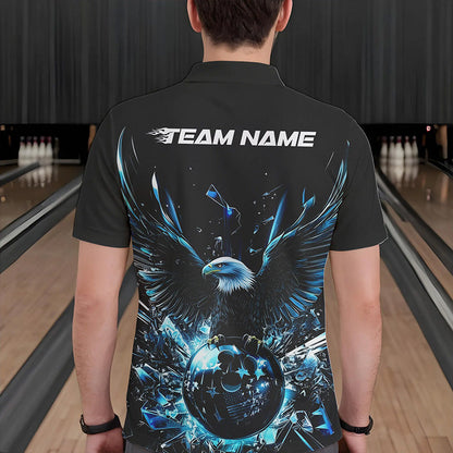 Black And Blue Eagle Break Glass Custom Bowling Polo Shirts For Men, Bowling Team Shirt IPHW8396