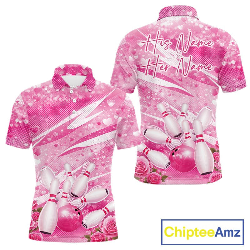 Custom Pink Heart Valentine Bowling Couples Shirt, Heart And Roses Bowling Husband And Wife Gifts With Name IPHW10516